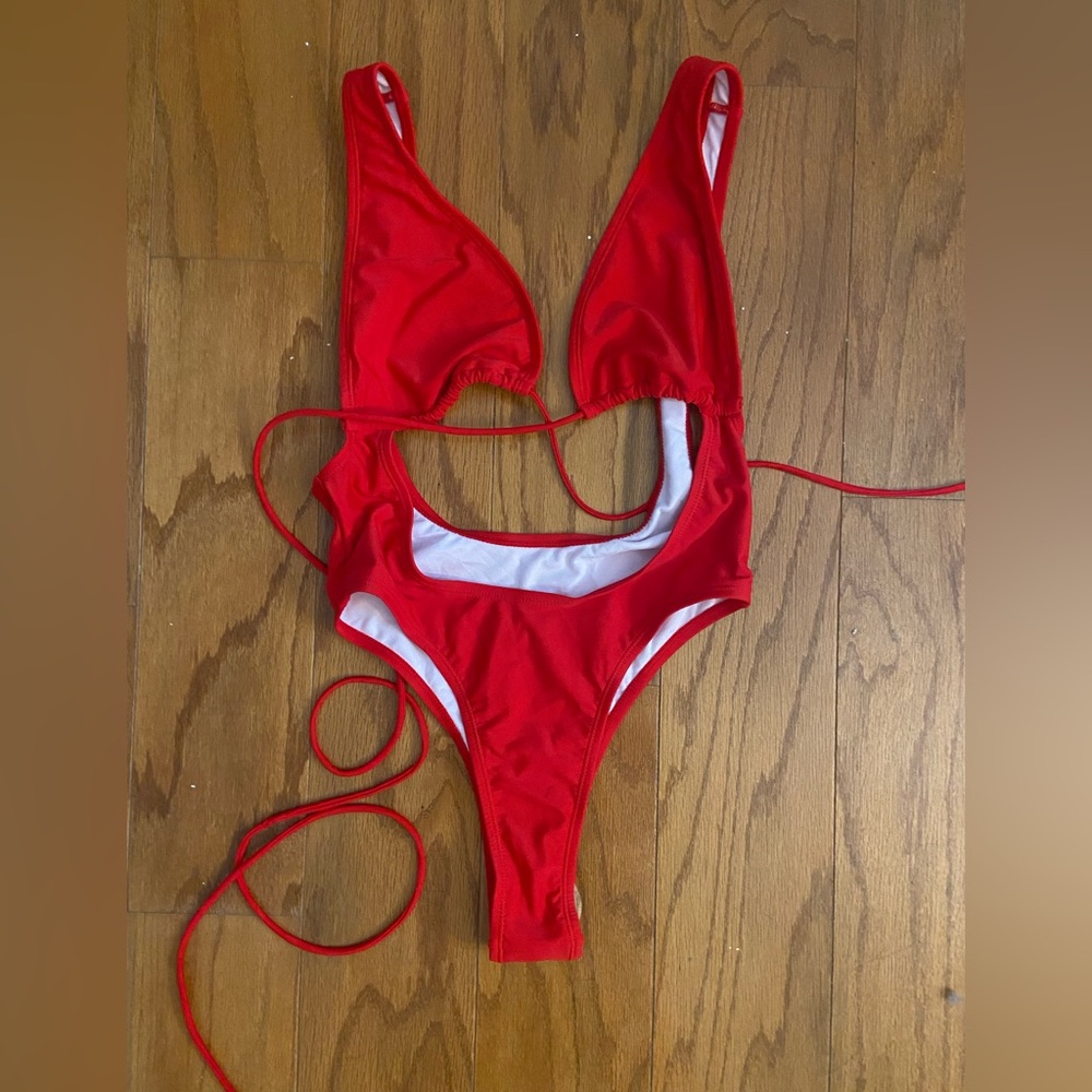 Red one piece bathing suit!